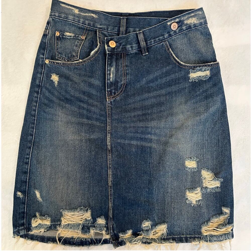 ZARA TRAFALUC DENIM SKIRT Distressed Denim Knee-Length pencil Skirt Sz XS